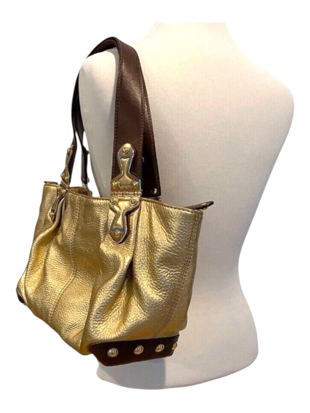 Stunning Michael Kors Gold Metallic Leather Satchel Brown Straps & Gold Hardware